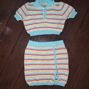 Colorful Striped Knit Crochet Type Top and Skirt Set
